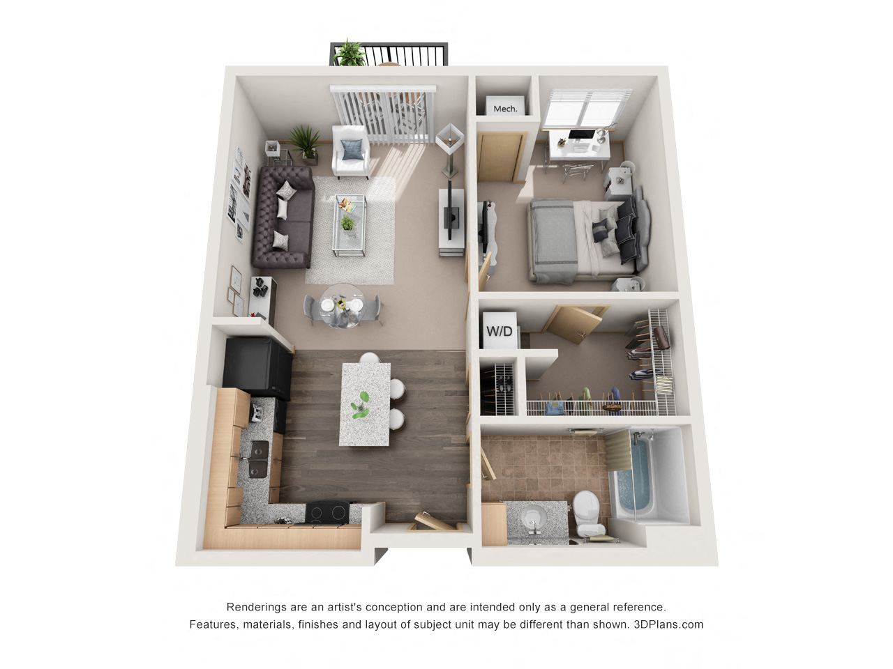 Floor plan for 1 bed, 1 bath, 663 sqft